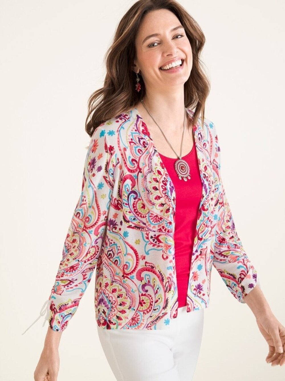 2/$30 Chico's Open Front Ruched Sleeve Cardigan Pink Multi #A4627